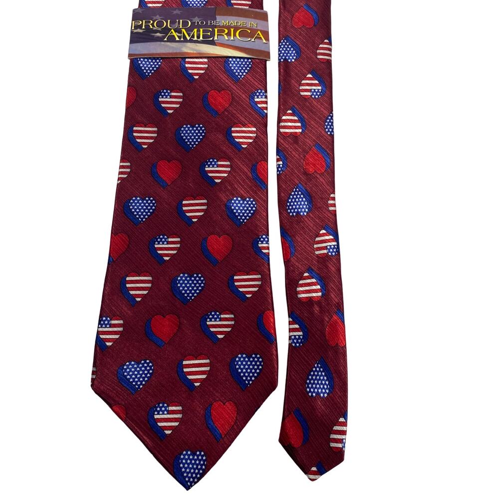 Savile Row Men's Silk Tie Maroon Red White Blue American Flag Heart